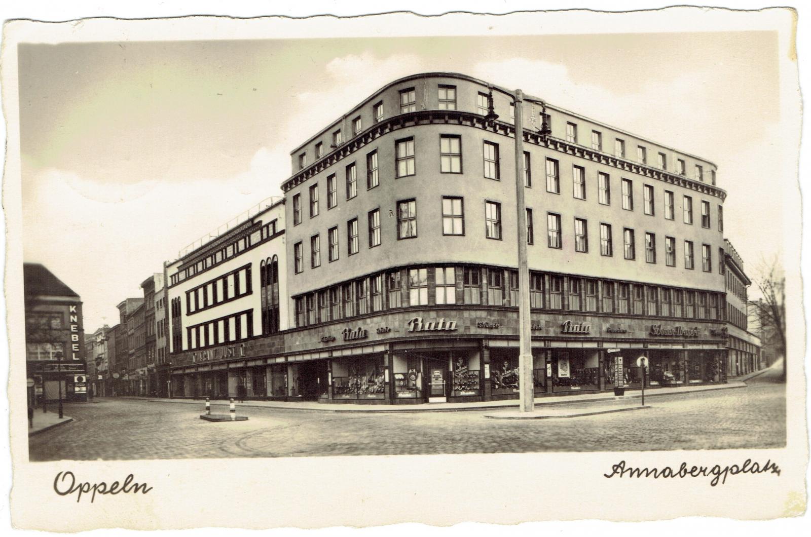Sklep obuwniczy „Bata” przy placu Wolności (Annabergplatz), karta pocztowa, brak wydawnictwa, około 1940 rok